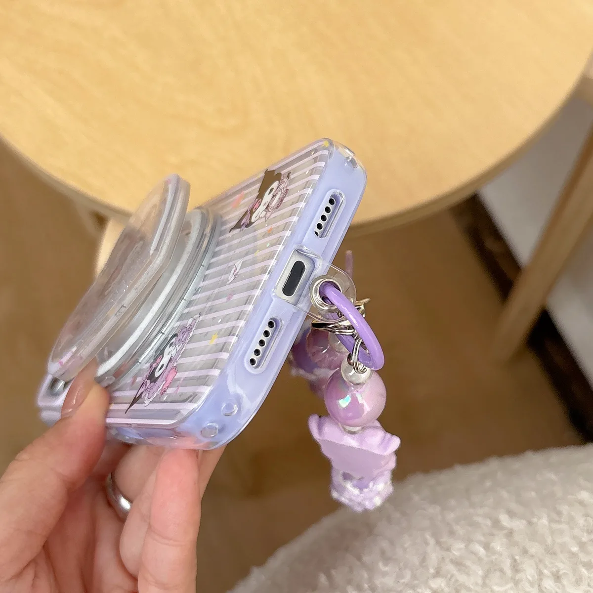 Kuromi Heart Pop Phone Case with Beaded Strap & Pop Socket for iPhone 17 16 15 14 13 Pro Max — MagSafe